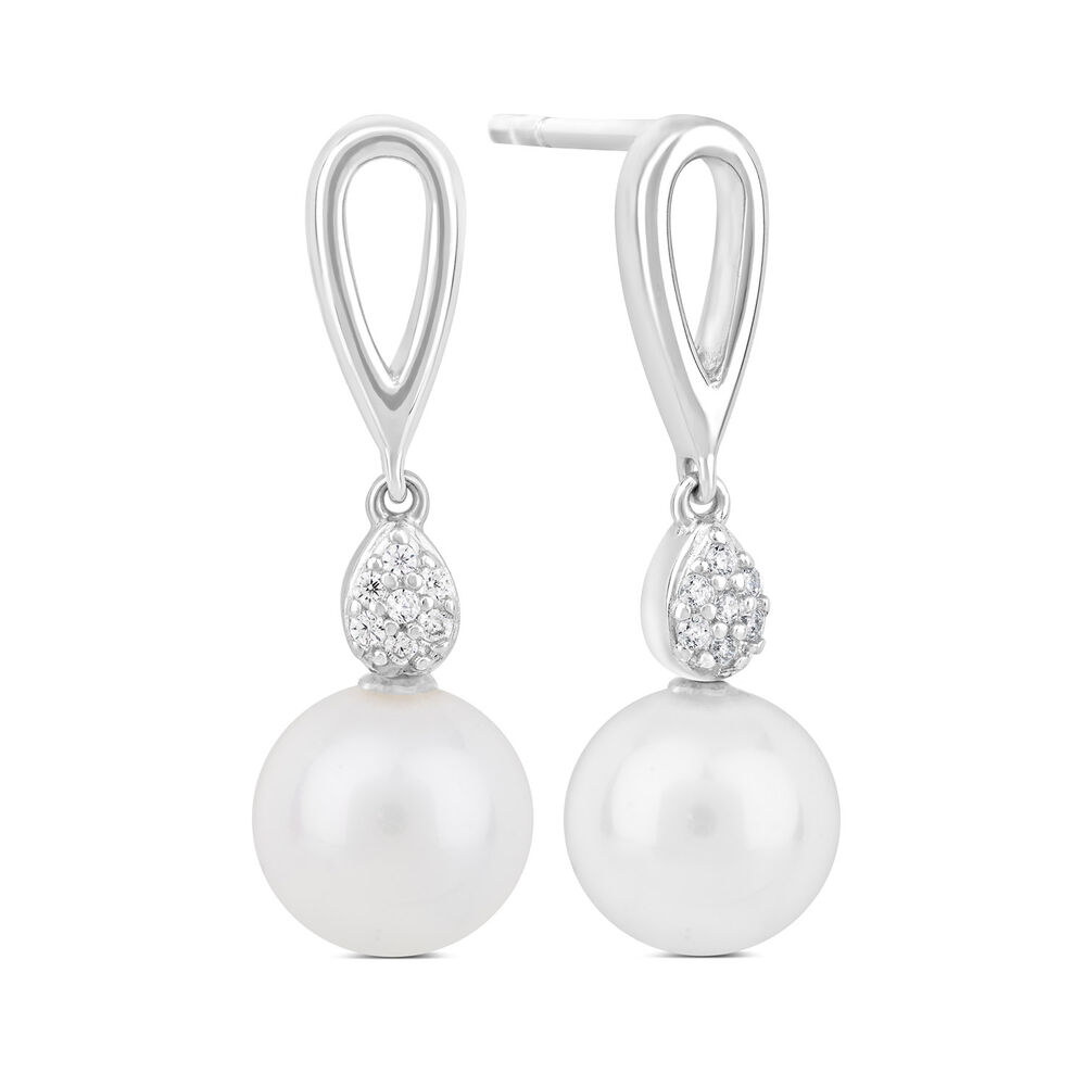 Sterling Silver Freshwater Cultured Pearl and Cubic Zirconia Drop Earrings image number 1
