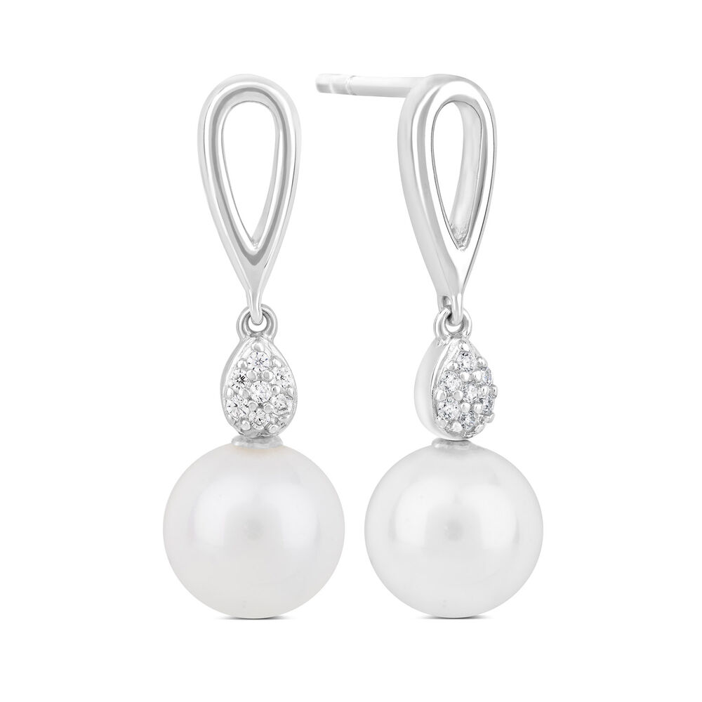 Sterling Silver Freshwater Cultured Pearl and Cubic Zirconia Drop Earrings