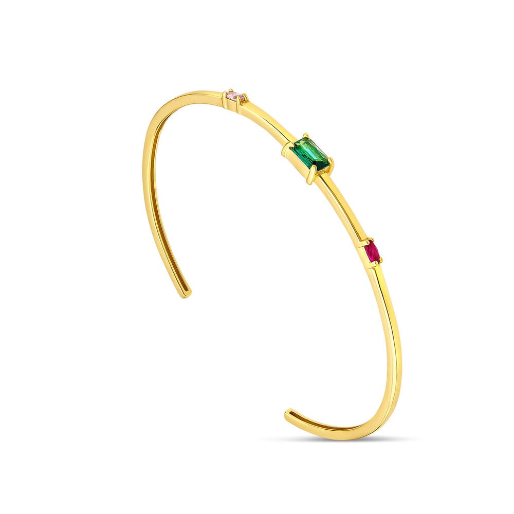 Sterling Silver Yellow Gold Plated Rectangular Green & Red Cubic Zirconia Bangle