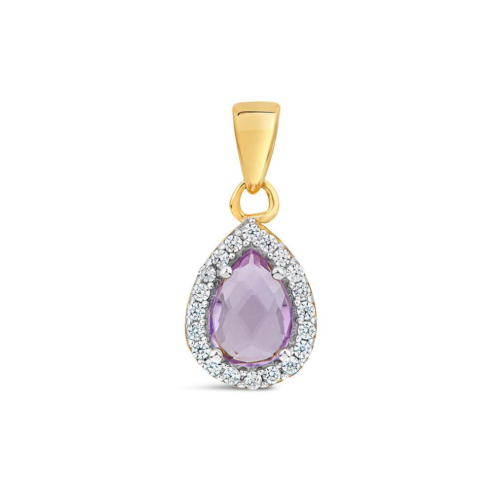 9ct Yellow Gold Pear Amethyst & Cubic Zirconia Pendant (Chain Included) image number 0
