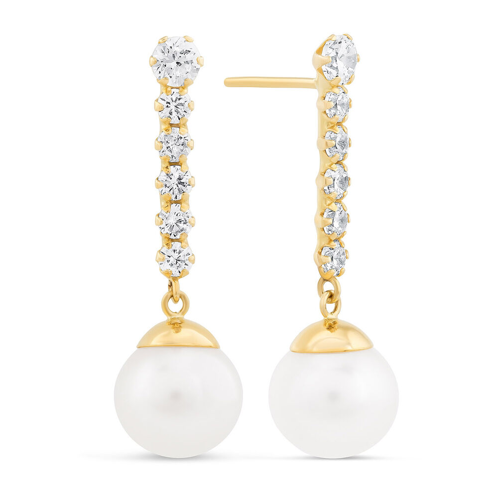 Ladies 9ct Gold Pearl Drop Earrings with Cubic Zirconia image number 1