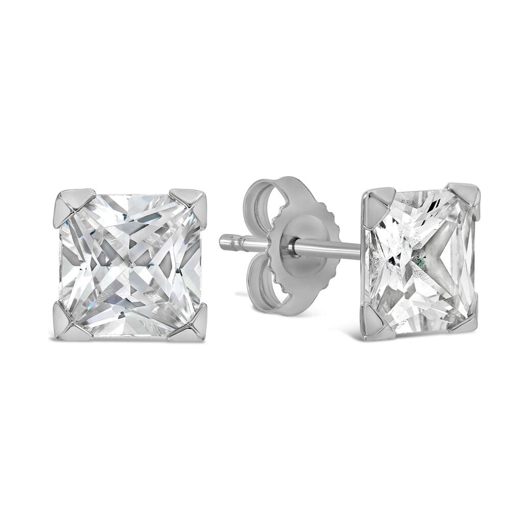 9ct White Gold 6MM Princess Cut Cubic Zirconia Stud Earrings image number 1