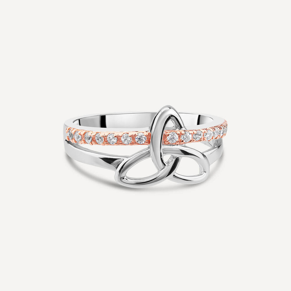 Sterling Silver Rose Gold Plated Trinity Knot Cubic Zirconia Ring image number 2