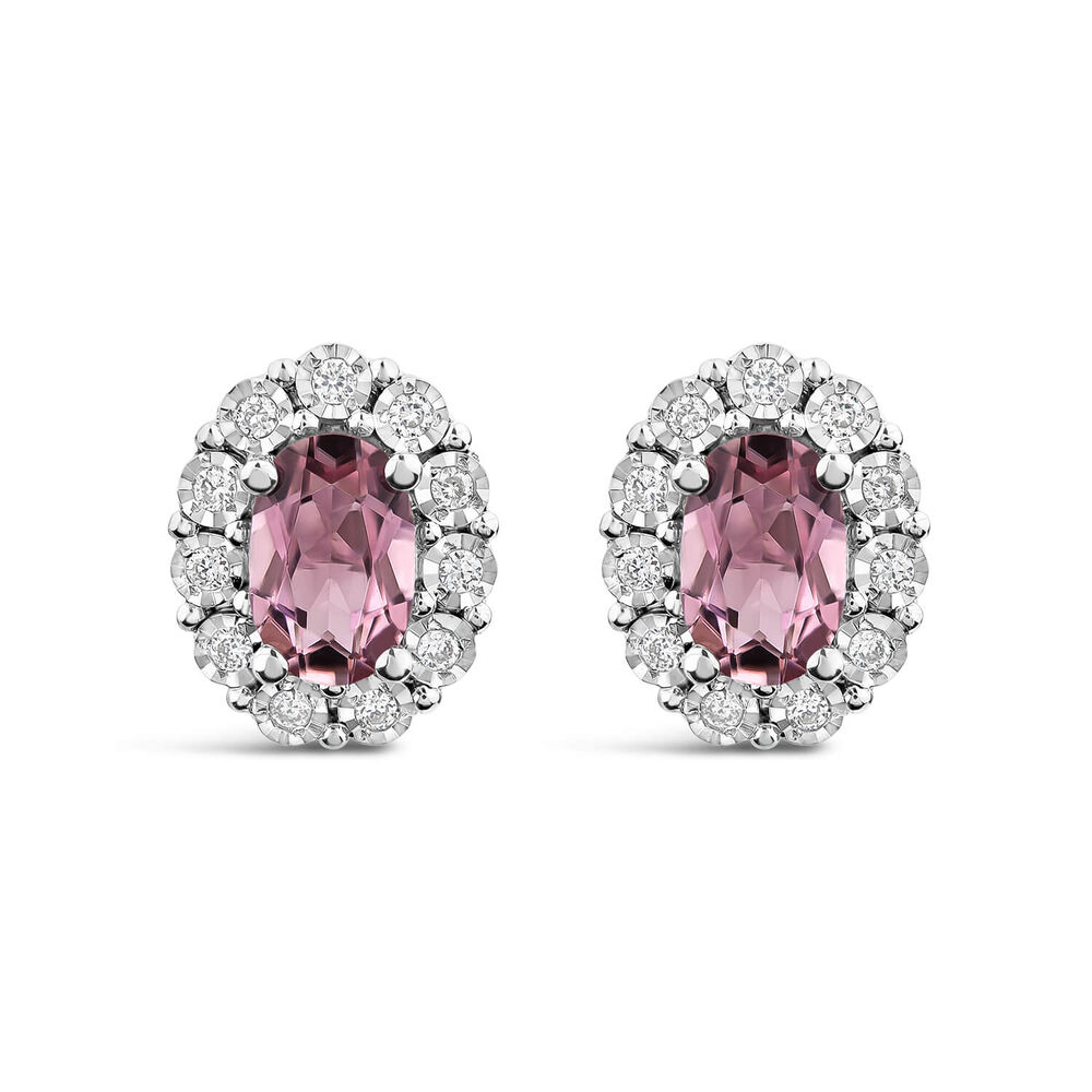 9ct White Gold Oval Pink Tourmaline 0.05ct Diamond Cluster Stud Earrings image number 0
