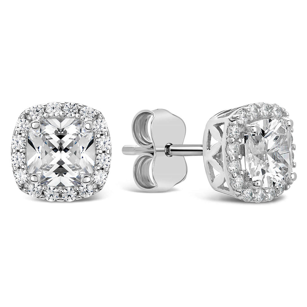 9ct White Gold Cubic Zirconia Square Halo Stud Earrings image number 1