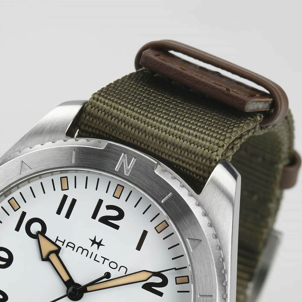 Hamilton Khaki Field Expedition Auto 41mm White Dial Steel Case Green Strap Watch image number 3