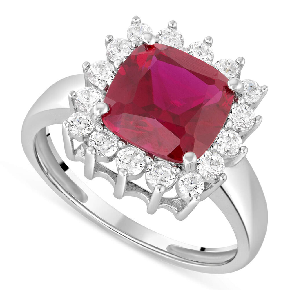 9ct White Gold Cushion Created Ruby And Cubic Zirconia Ring