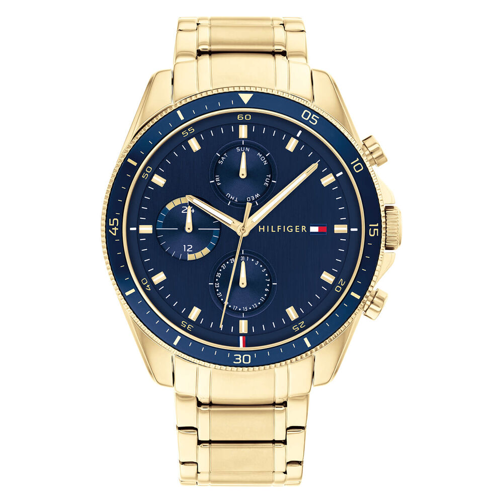Tommy Hilfiger 44mm Blue Dial Chronograph Yellow Gold PVD Case Bracelet Watch
