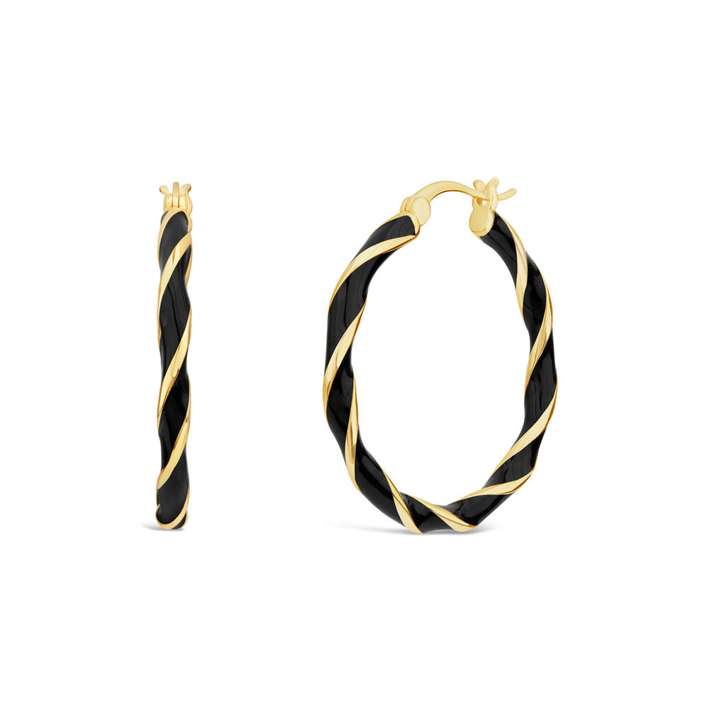 Silver & Yellow Gold Plated & Black Enamel Twist Large Hoop Earrings