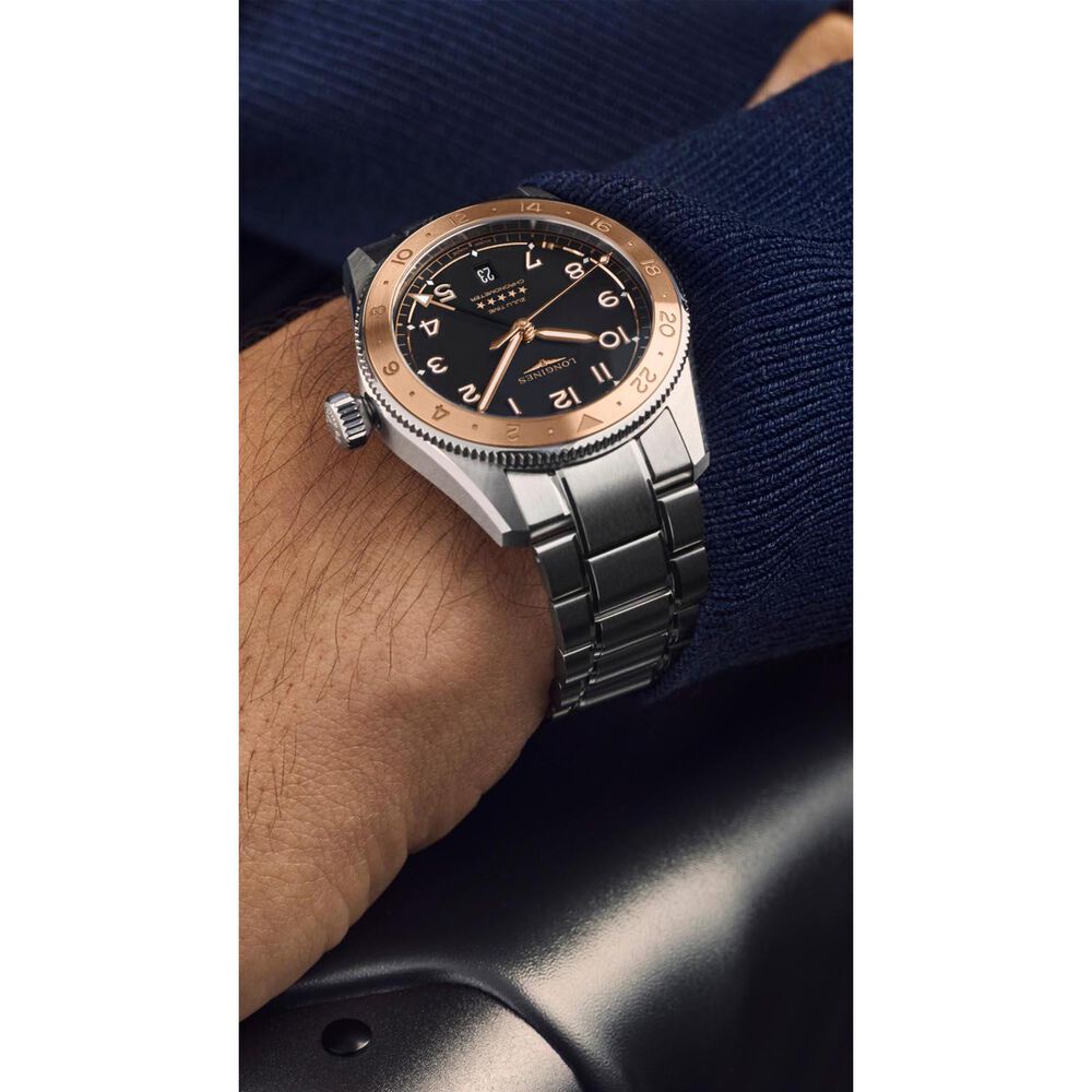 Longines Spirit Zulu Time 1925 39mm Black Dial 18kt Rose Gold Bezel Steel Bracelet Watch image number 10