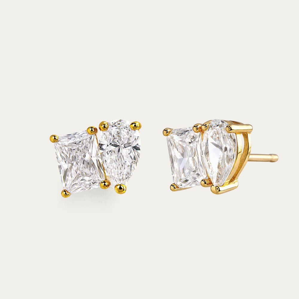 Yellow Gold Plated Sterling Silver Toi et Moi Cubic Zirconia Stud Earrings