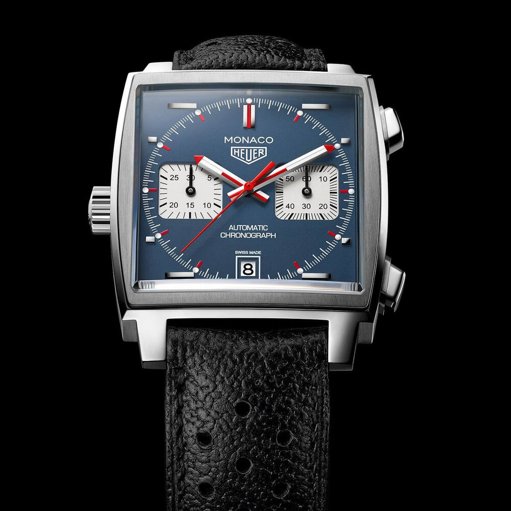 TAG Heuer Monaco Chronograph 39mm Blue Dial Black Leather Strap Watch image number 7