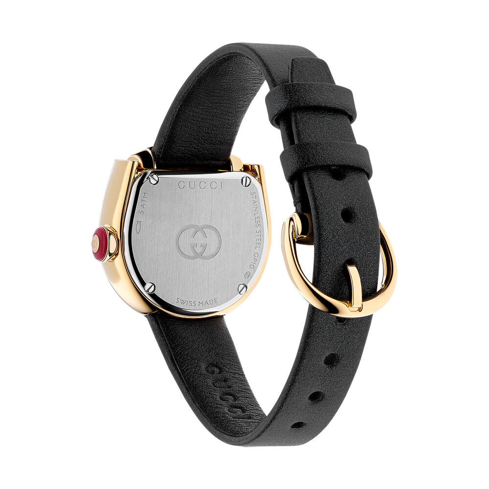 Gucci Horsebit 27x25mm Black Dial Gold Plated Case Black Leather Strap Watch