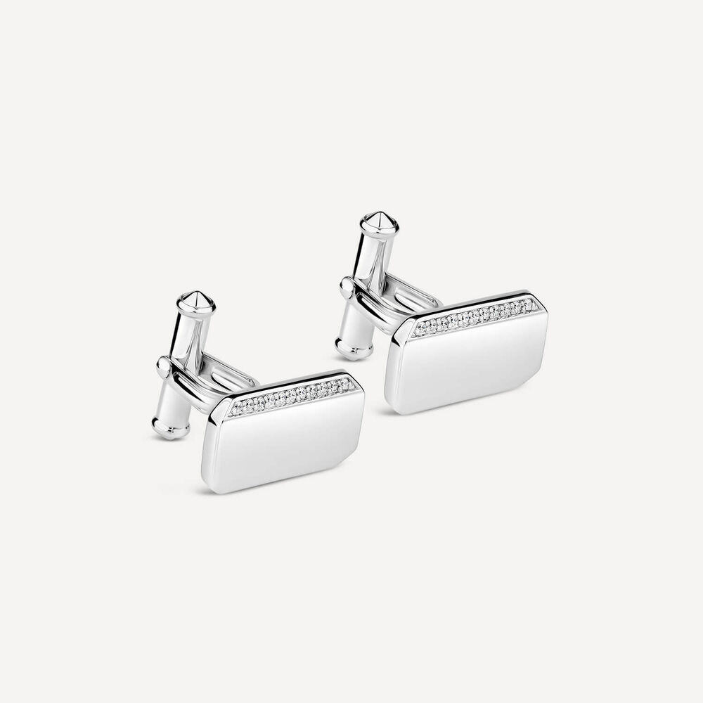 Sterling Silver Rectangular Polished Cubic Zirconia Set One Line Cufflinks