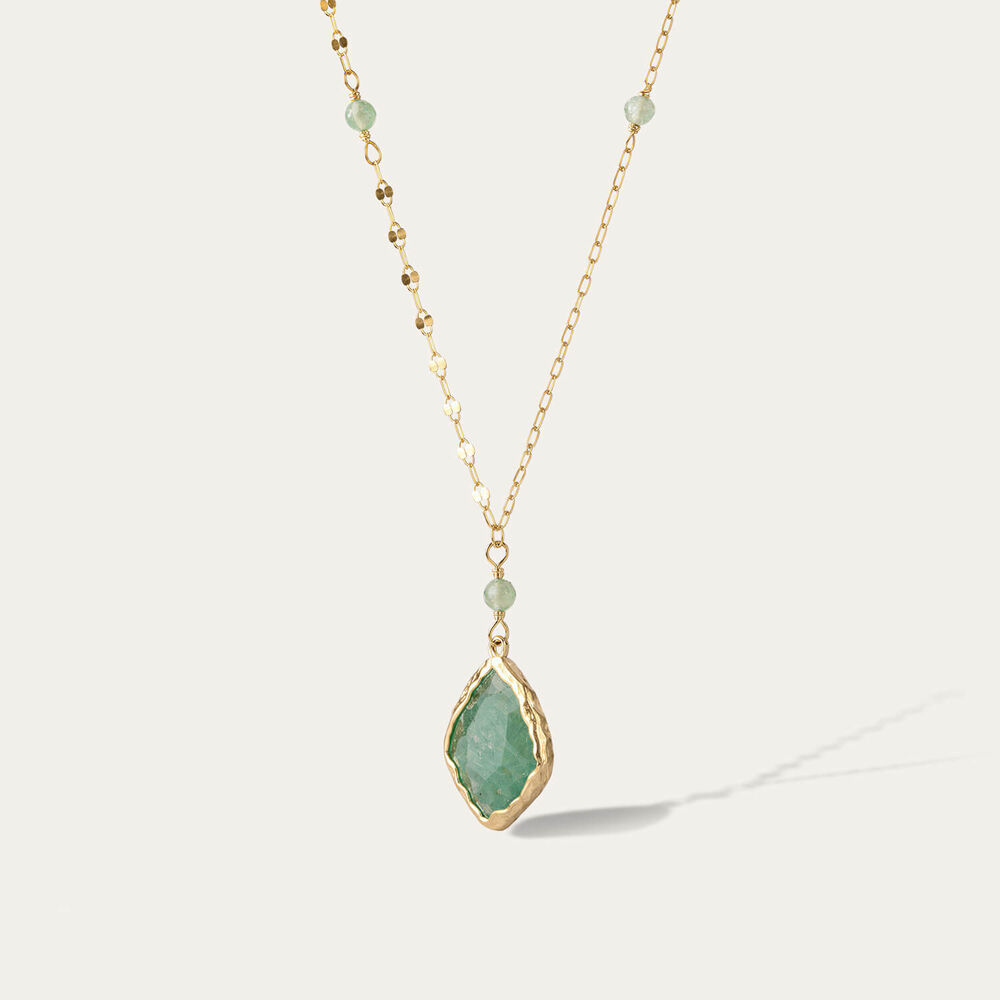 9ct Yellow Gold Beaded Chain Green Aventurine Pendant