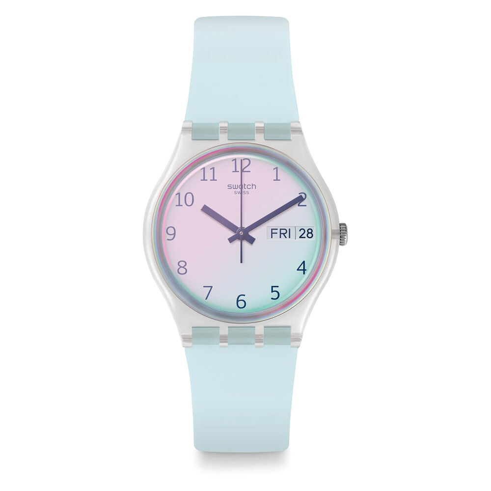 Swatch Ultraceil 34mm White Case Pink Dial Blue Silicone Strap Ladies Watch