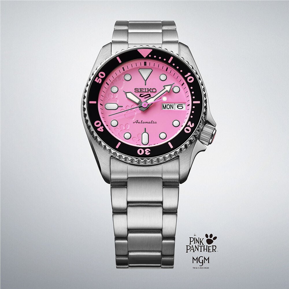 Seiko 5 Sports x Pink Panther Limited Edition 38mm Pink Dial Steel Bracelet Watch image number 4