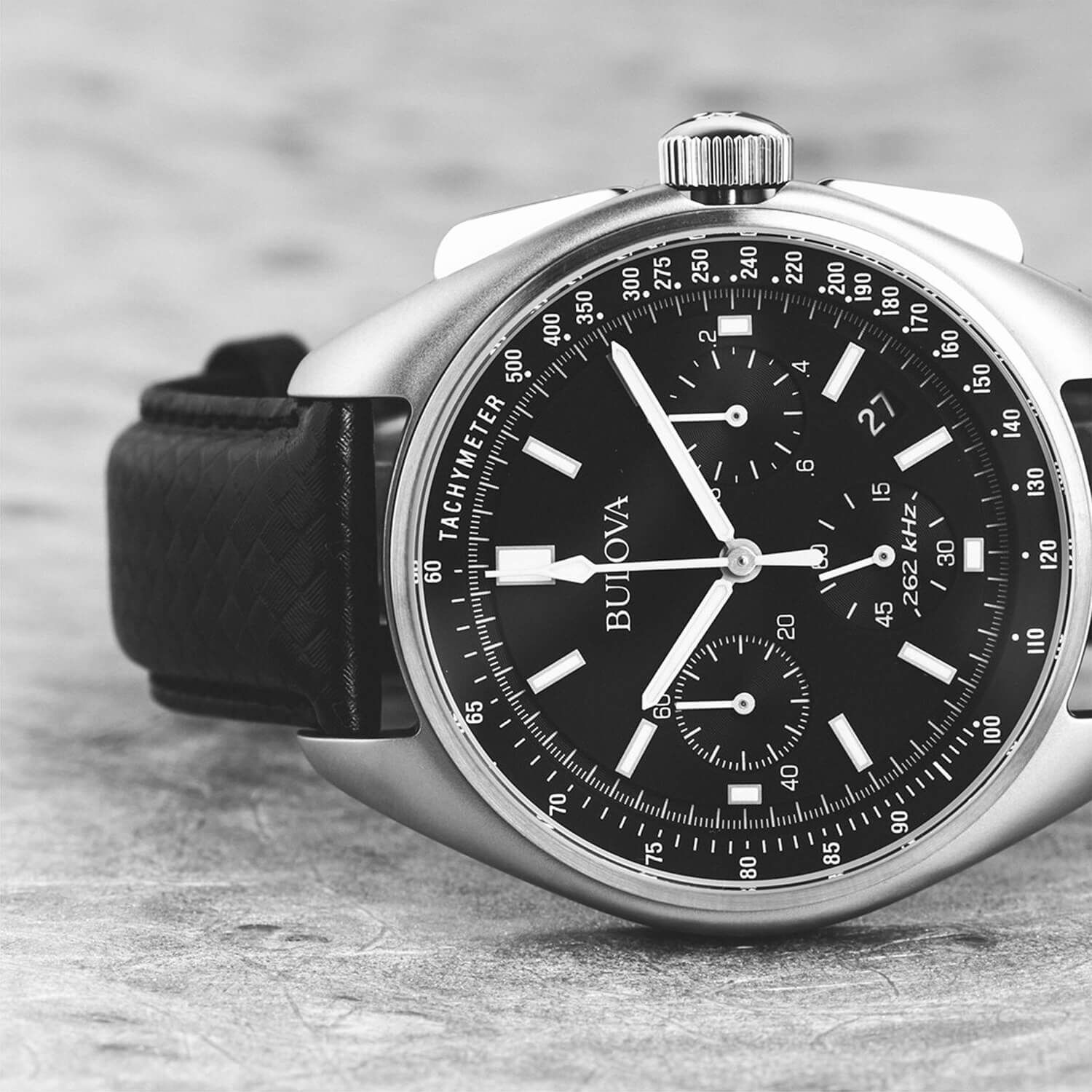 Bulova Moonwatch 43mm Black Dial Steel Case Black Strap Watch