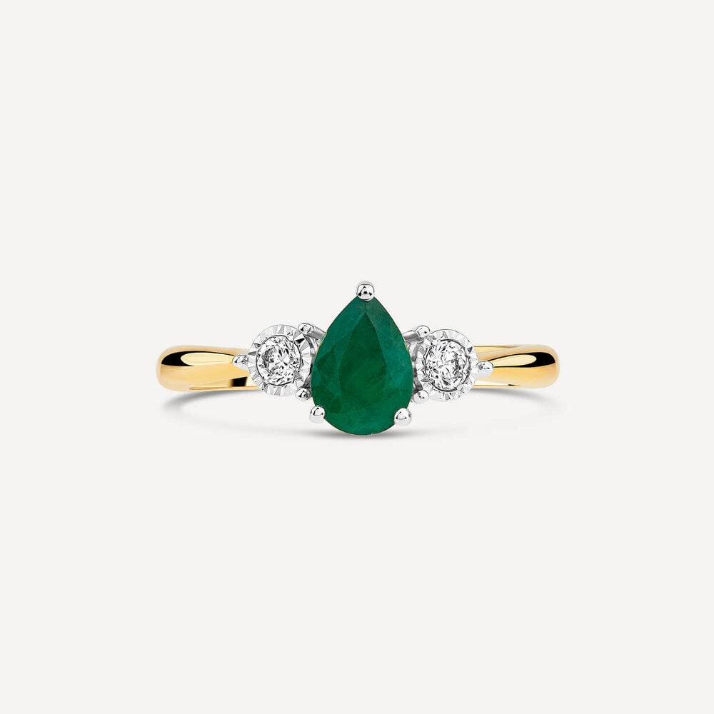9ct Yellow Gold Pear Shaped Emerald 0.12 Diamond Sides Ring image number 1