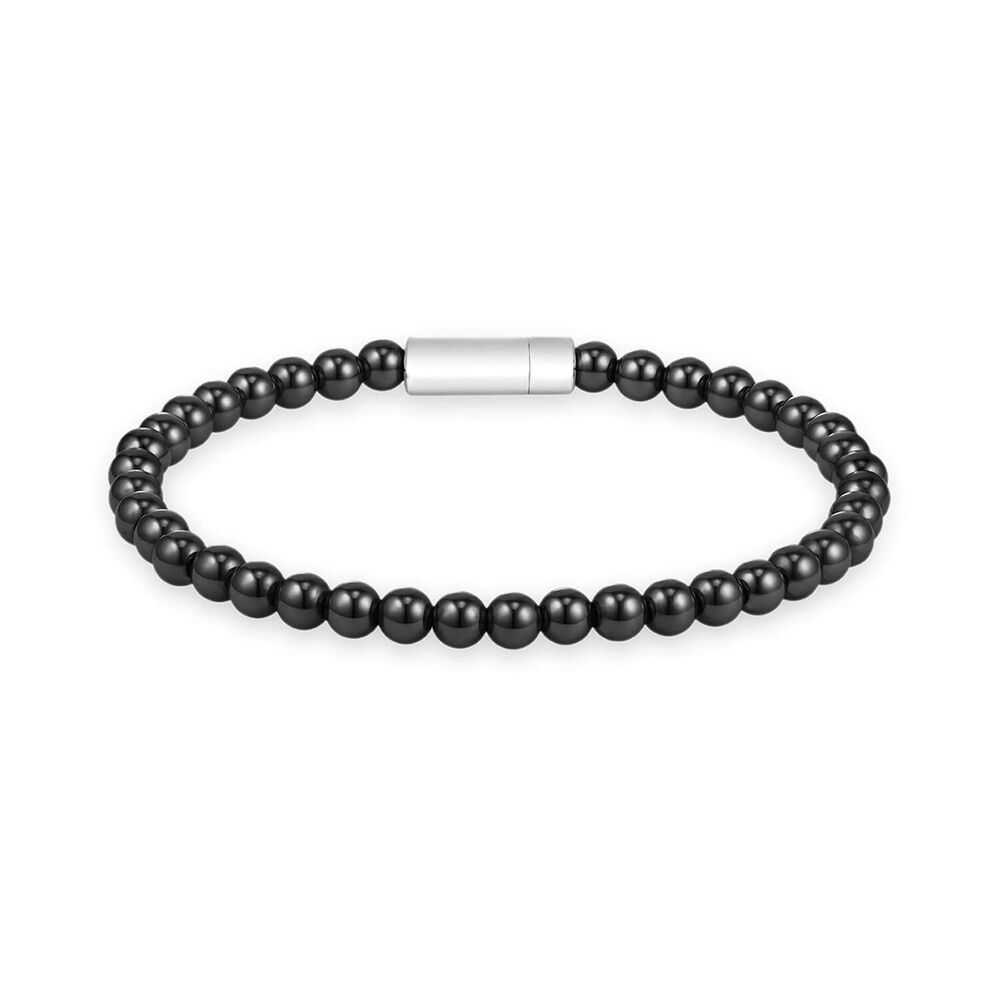 BOSS Black Sphere Beads Silver Tone Steel Plate Bracelet