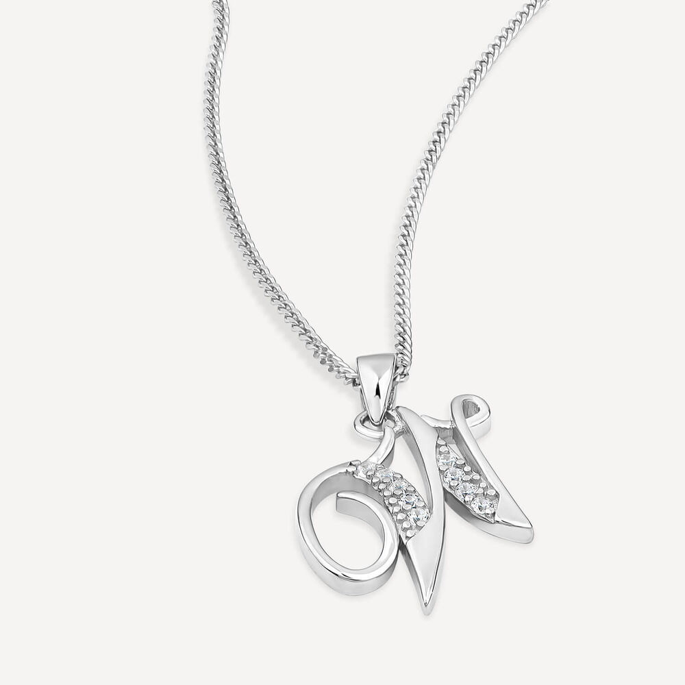 Sterling Silver Script Cubic Zirconia Initial W Pendant image number 2