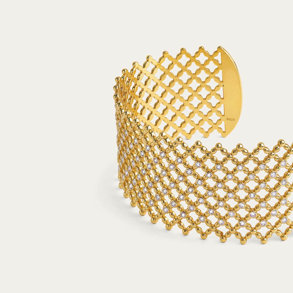 Yellow Gold Plated Sterling Silver Cubic Zirconia Filigree Cuff Bangle