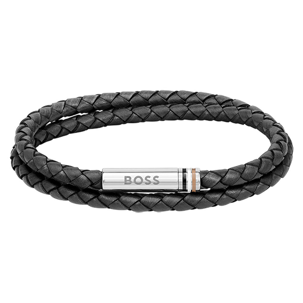 BOSS Ares Black Braided Leather Bracelet image number 0
