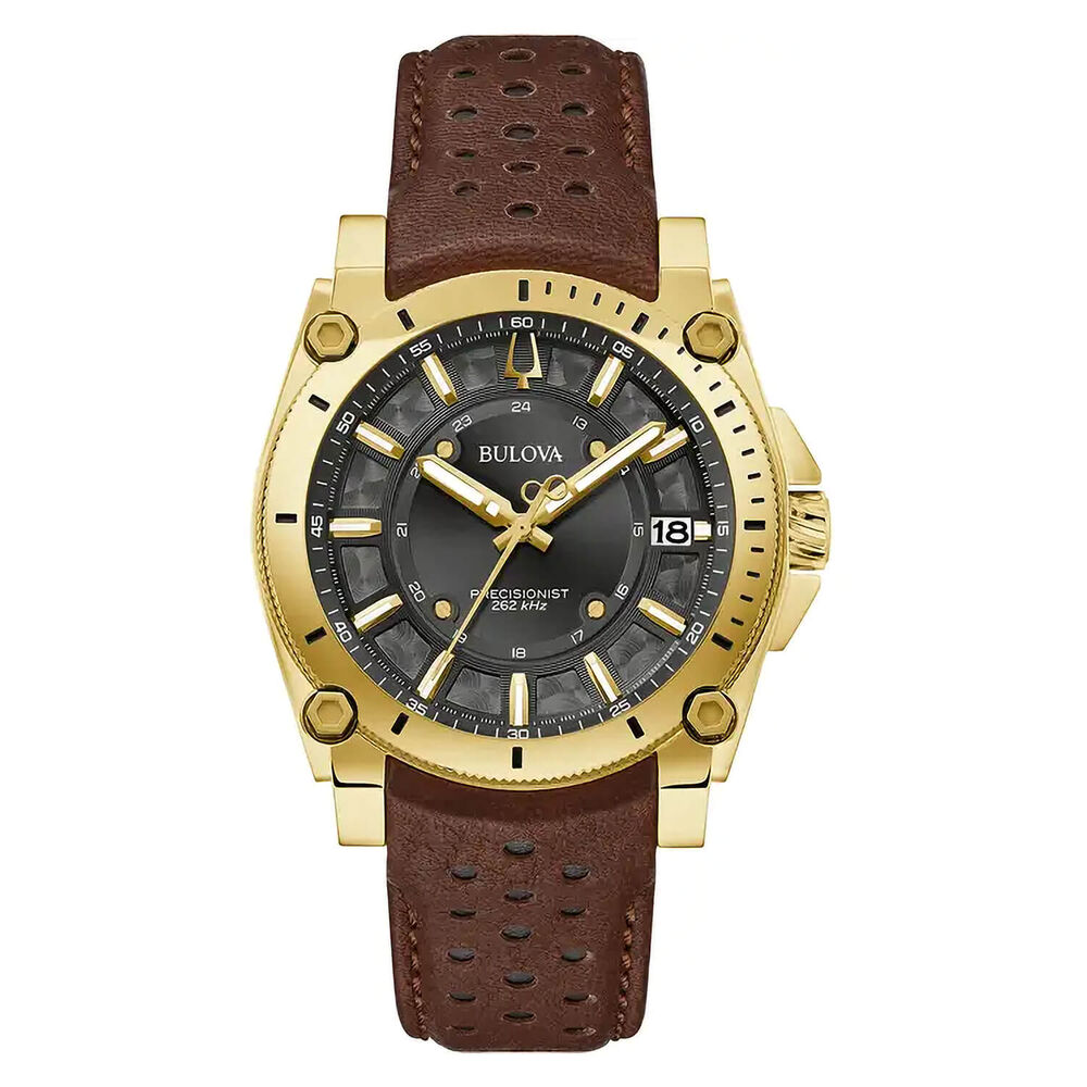Bulova Icon 40mm Black Dial Gold Tone Case Brown Leather Strap Watch image number 0