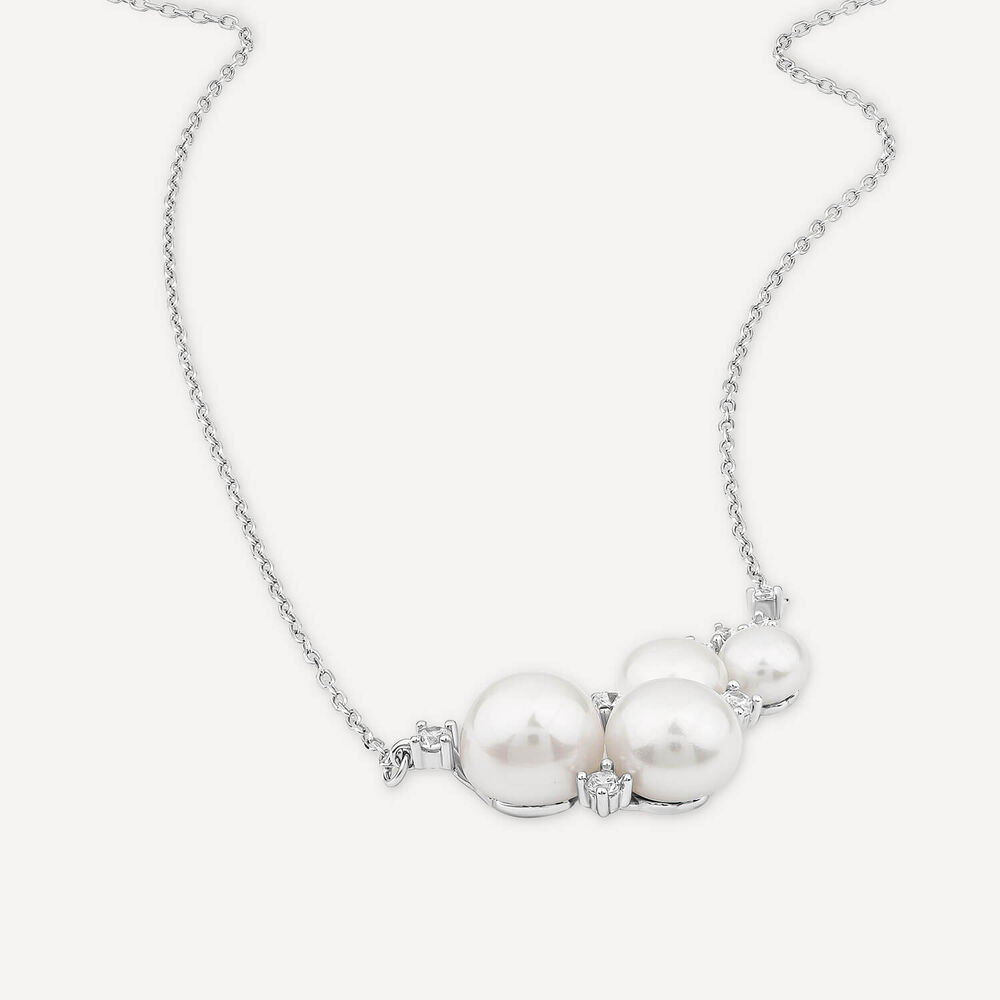 Sterling Silver Pearl & Cubic Zirconia Cluster Necklet image number 3
