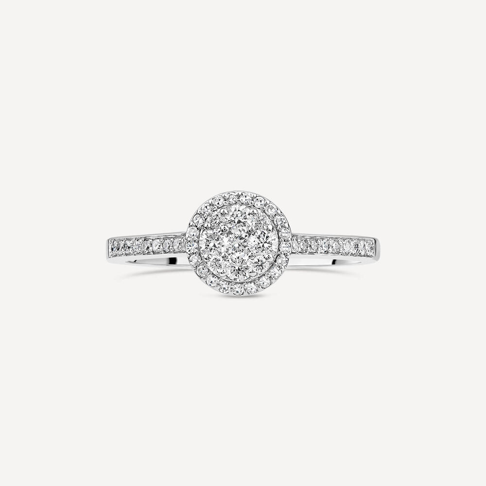 18ct White Gold Round 0.32ct Halo Diamond Shoulders Ring