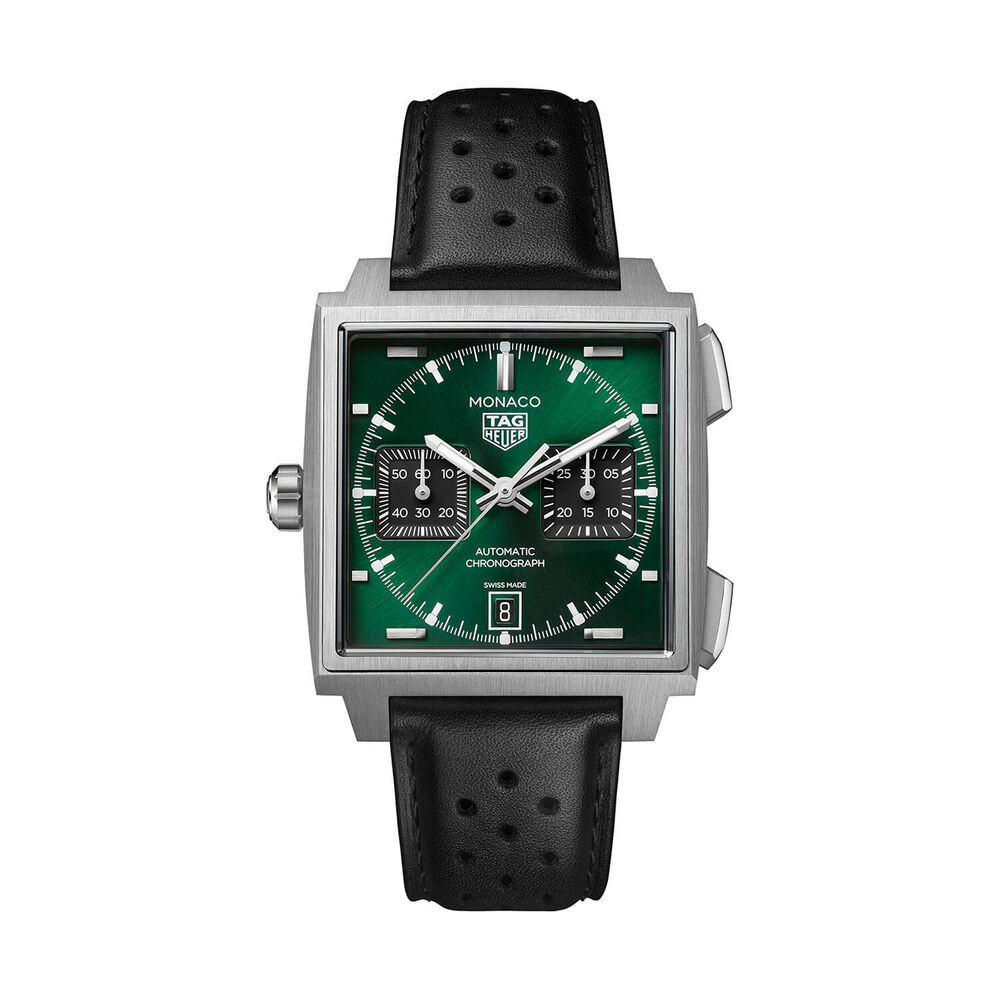 TAG Heuer Monaco Chronograph 39mm Green Dial Black Leather Strap Watch