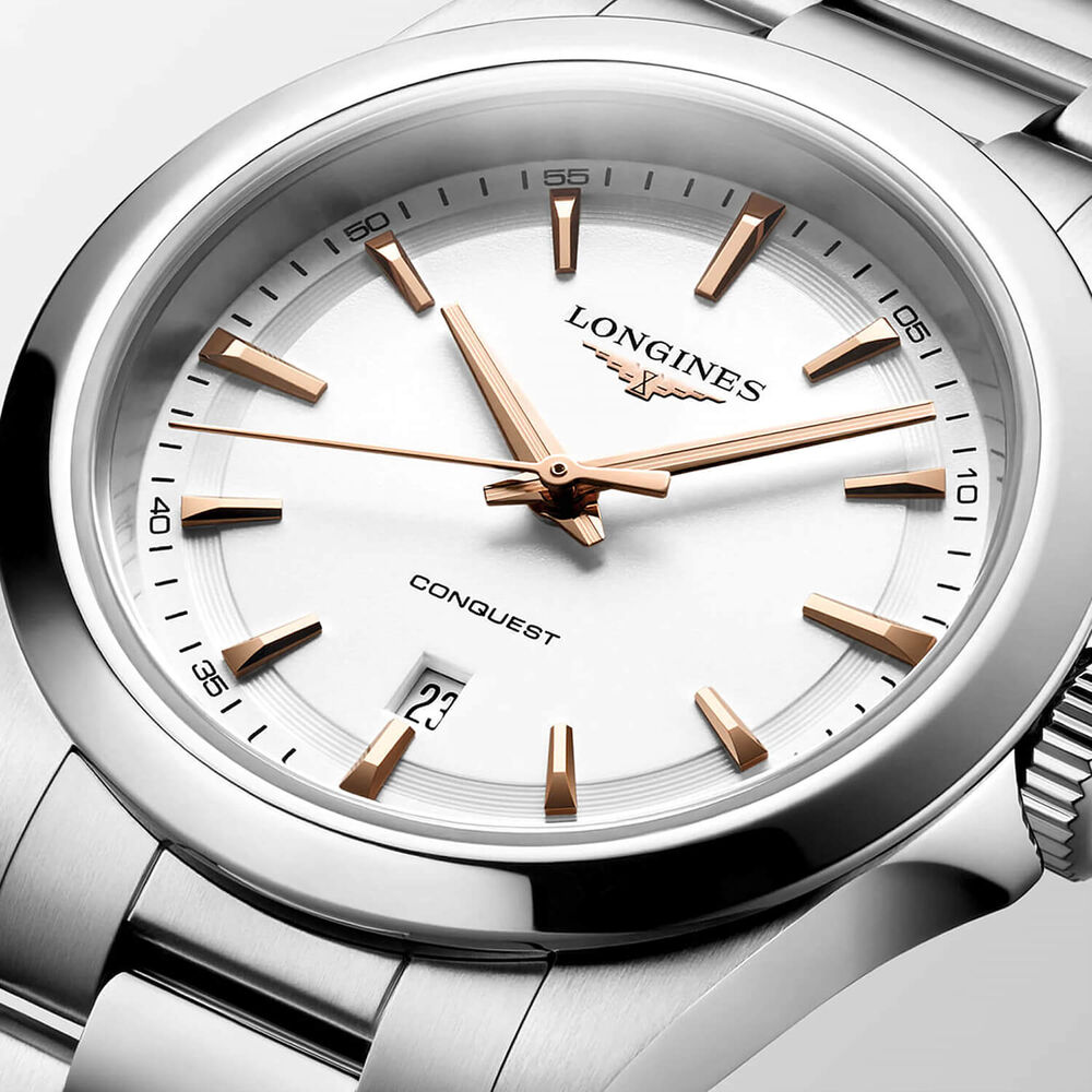Longines Conquest 30mm White Dial Pink Hands Steel Bracelet Watch