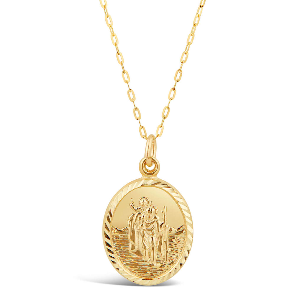 9ct Yellow Gold Oval Diamond Cut St Christopher's Medal Pendant (Chain Included) image number 0