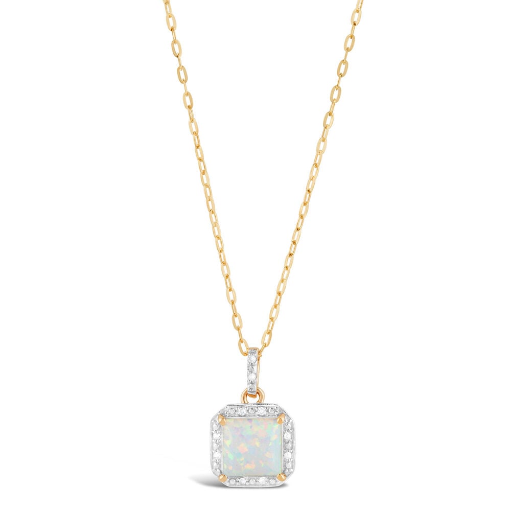 9ct Yellow Gold 0.028ct Diamond and Square Opal Pendant