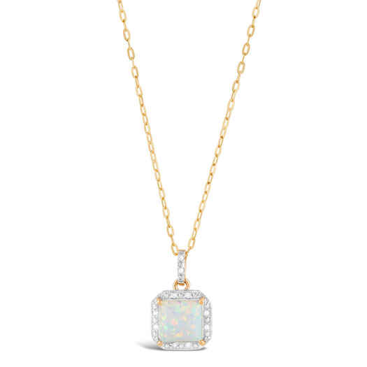 9ct Yellow Gold 0.028ct Diamond and Square Opal Pendant