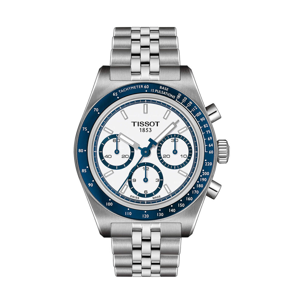 Tissot PR516 Chronograph 41mm White Dial Blue Bezel Steel Bracelet Watch image number 0