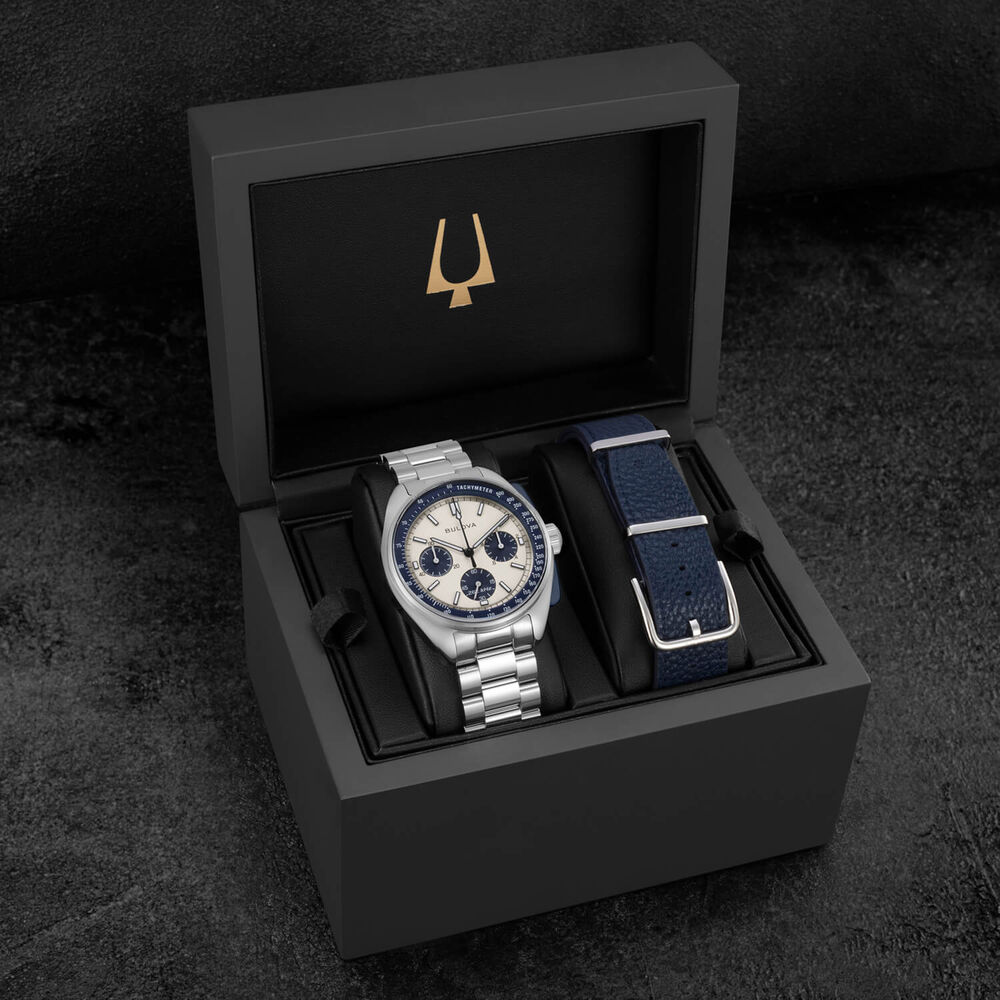 Bulova Lunar Pilot 43.5mm Blue & Silver Dial Steel Bracelet & Blue Leather Strap Set Watch image number 8