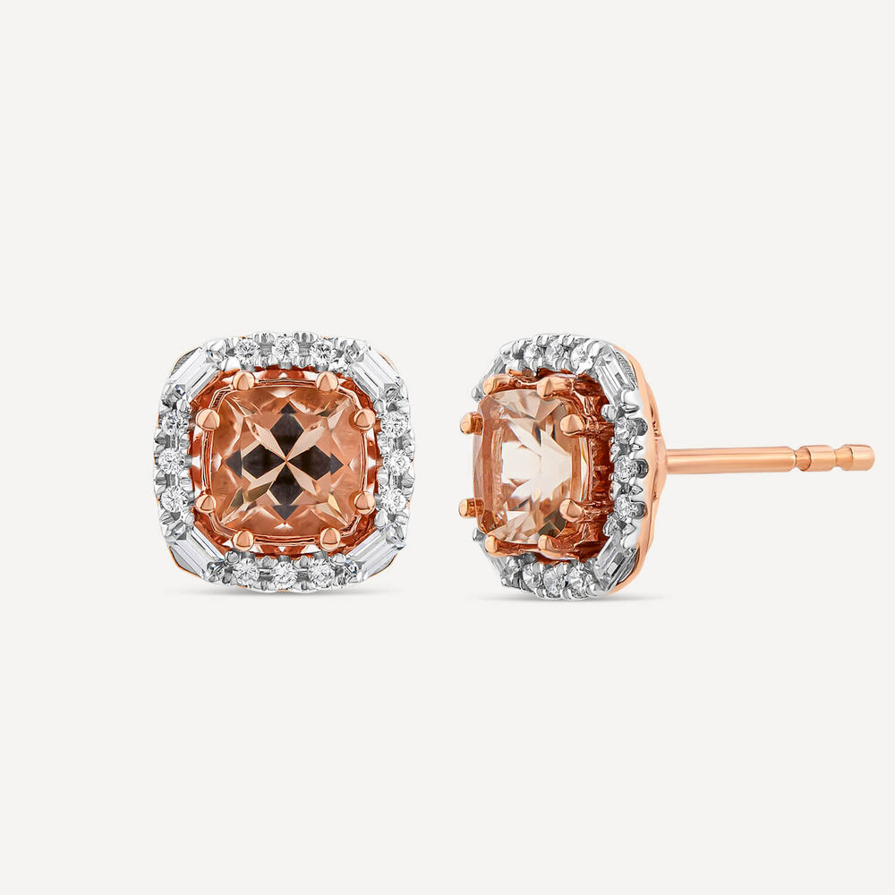 9ct Rose Gold Cushion Morganite & 0.20ct Baguette & Brilliant Diamond Surrounded Stud Earrings