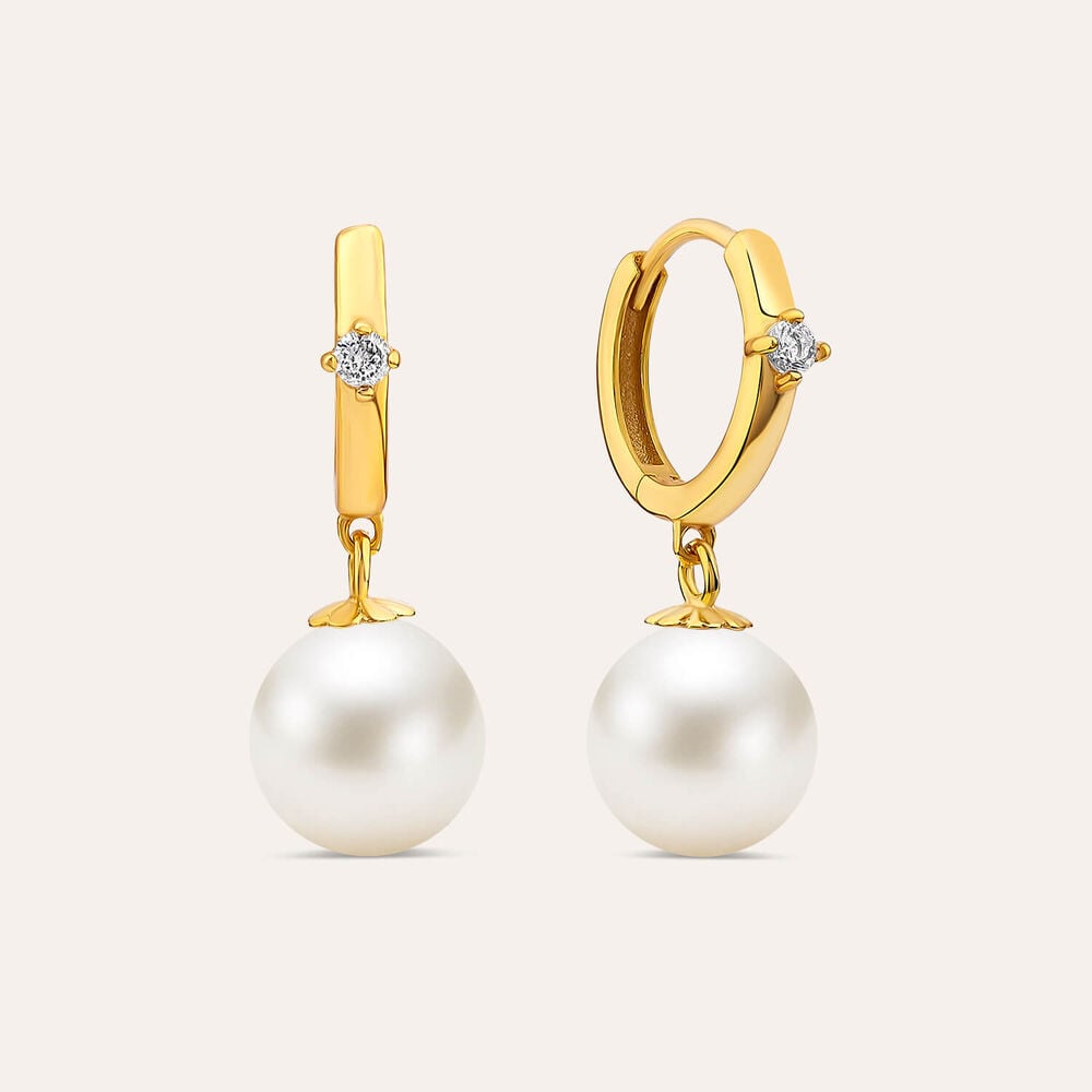 Yellow Gold Plated Sterling Silver Hoop Cubic Zirconia & Pearl Drop Earrings
