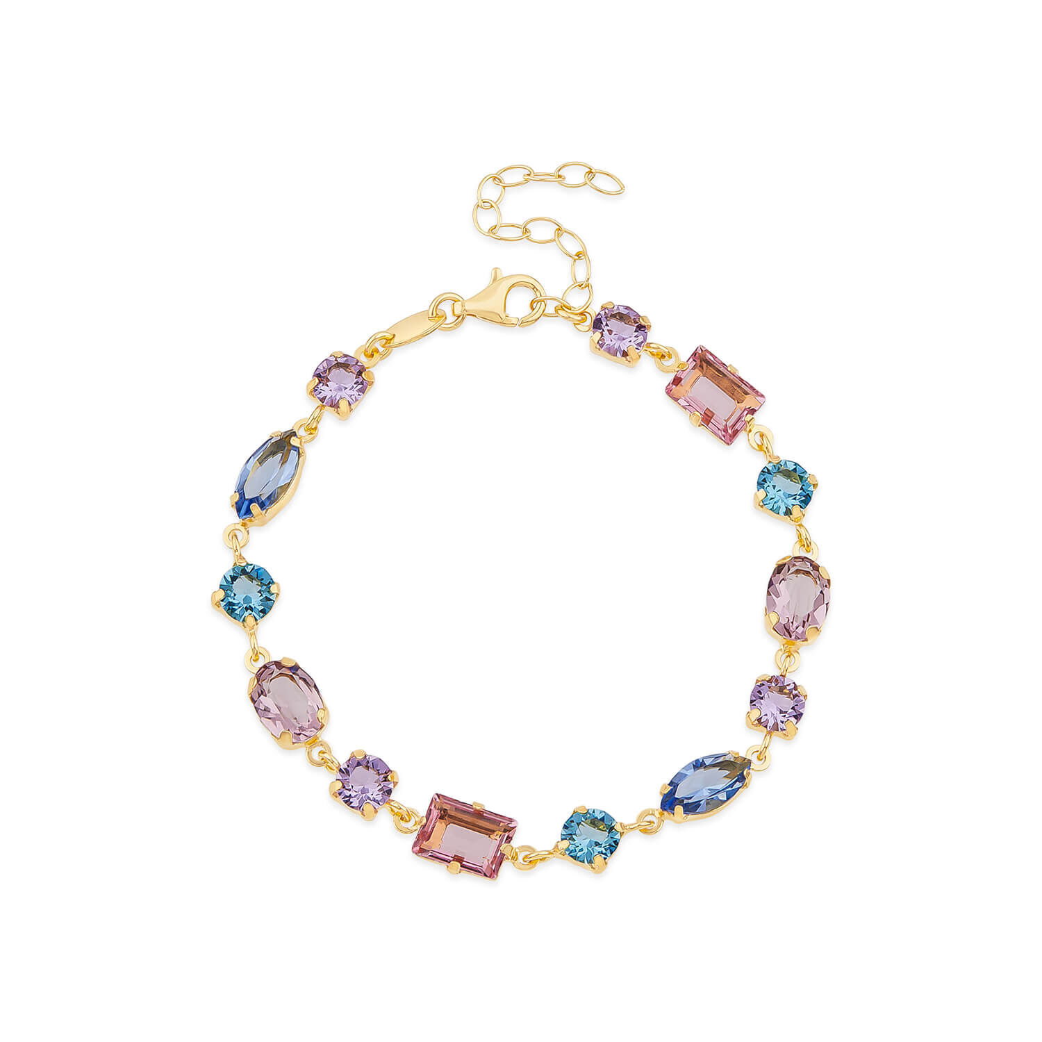 Yellow Gold Plated Sterling Silver Blue Purple Pink Multi Shaped Stones Bracelet
