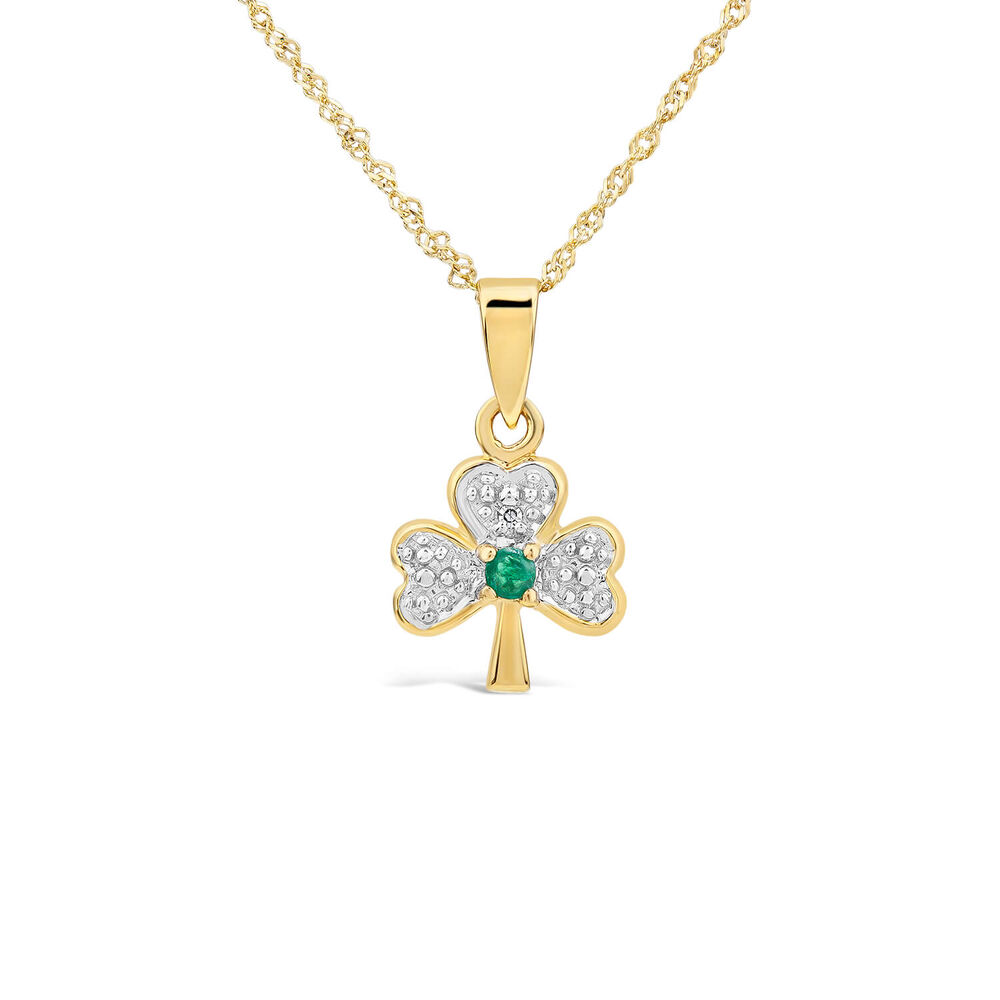 14ct Yellow Gold Diamond & Emerald Shamrock Pendant