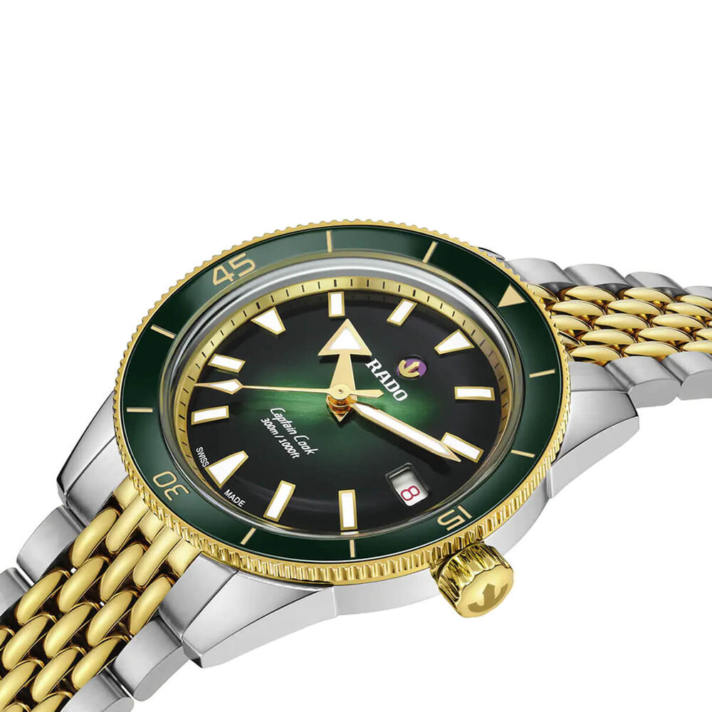 Rado Captain Cook Automatic 39mm Green Dial Yellow Gold PVD Steel Bracelet Watch image number 1