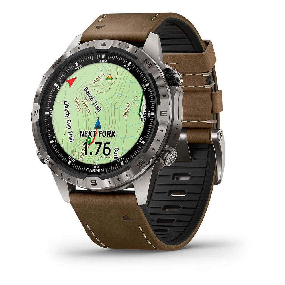 Garmin MARQ® Adventurer (Gen 2) 46mm Titanium Case Brown Hybrid Strap Watch image number 2