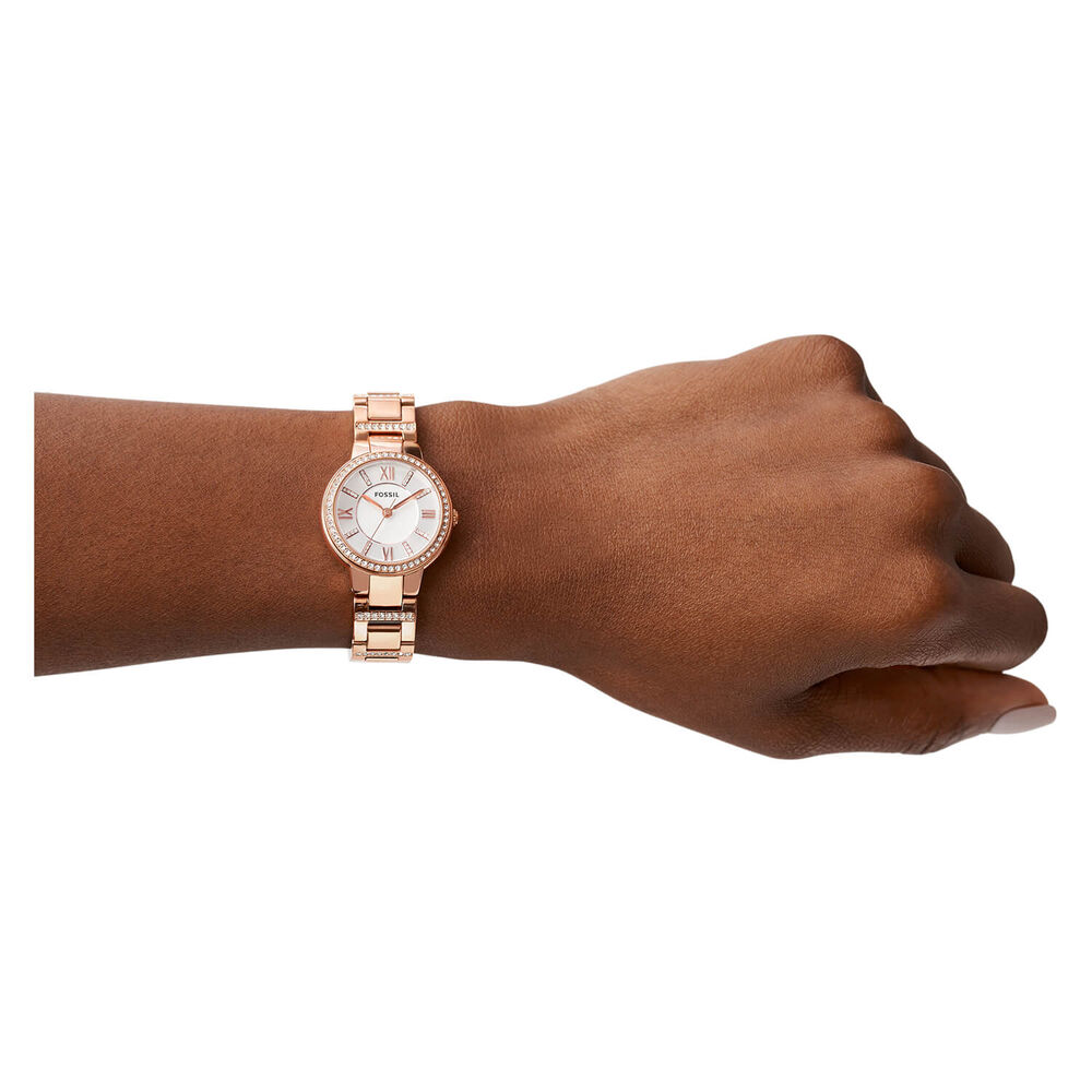 Fossil Virginia 28mm White Dial Rose Gold IP Case Bracelet Watch image number 9