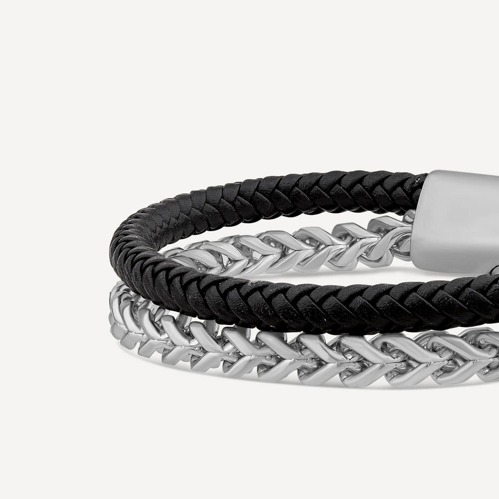Mens's Black Leather & Steel Double Bracelet image number 1