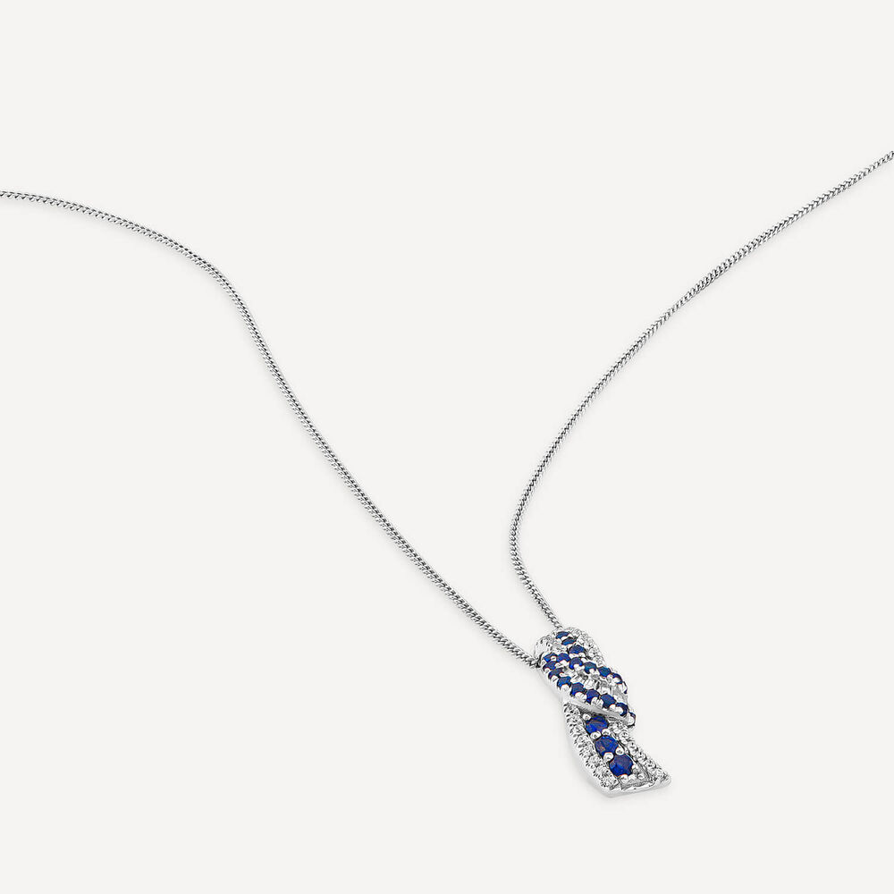 9ct White Gold Sapphire & 0.13ct Diamond Baguette Centre Wave Pendant image number 3