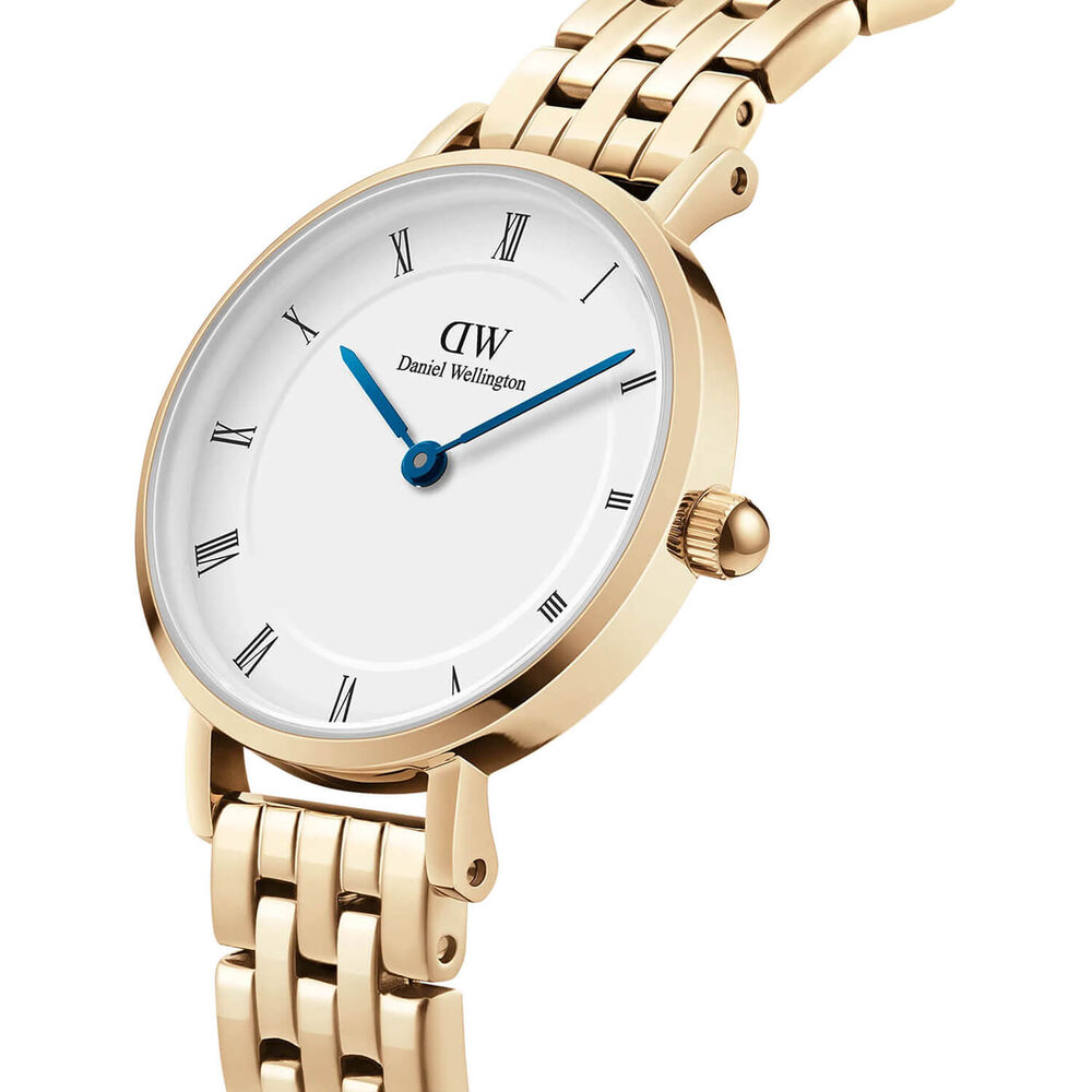 Daniel Wellington Petite Roman Numerals 28mm White Dial 5-Link Gold PVD Bracelet Watch