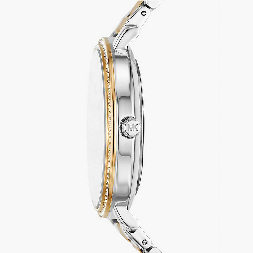 Michael Kors Pyper 39mm White MK Dial Cubic Zirconia Set Bezel Yellow Gold IP Steel Case Bracelet Watch