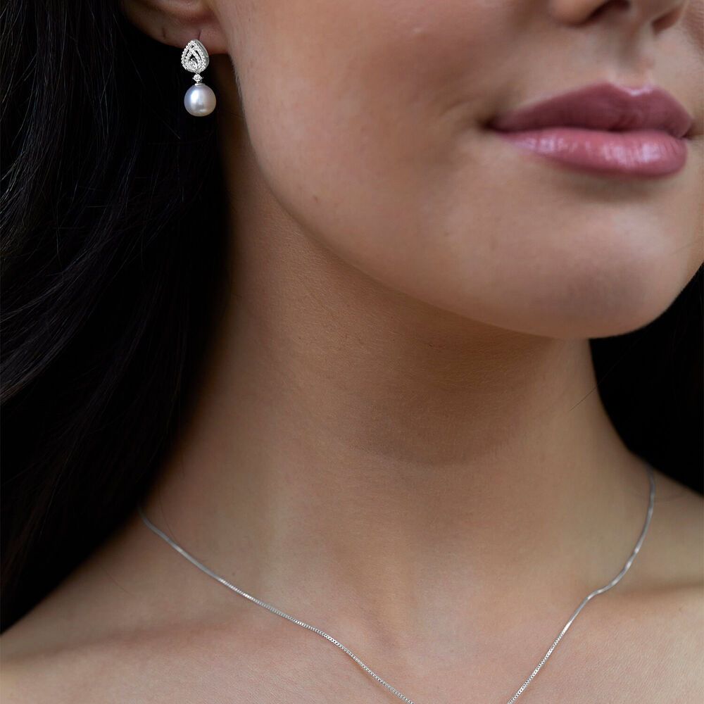 Sterling Silver Cubic Zirconia Double Halo Pear & Pearl Drop Earrings image number 3