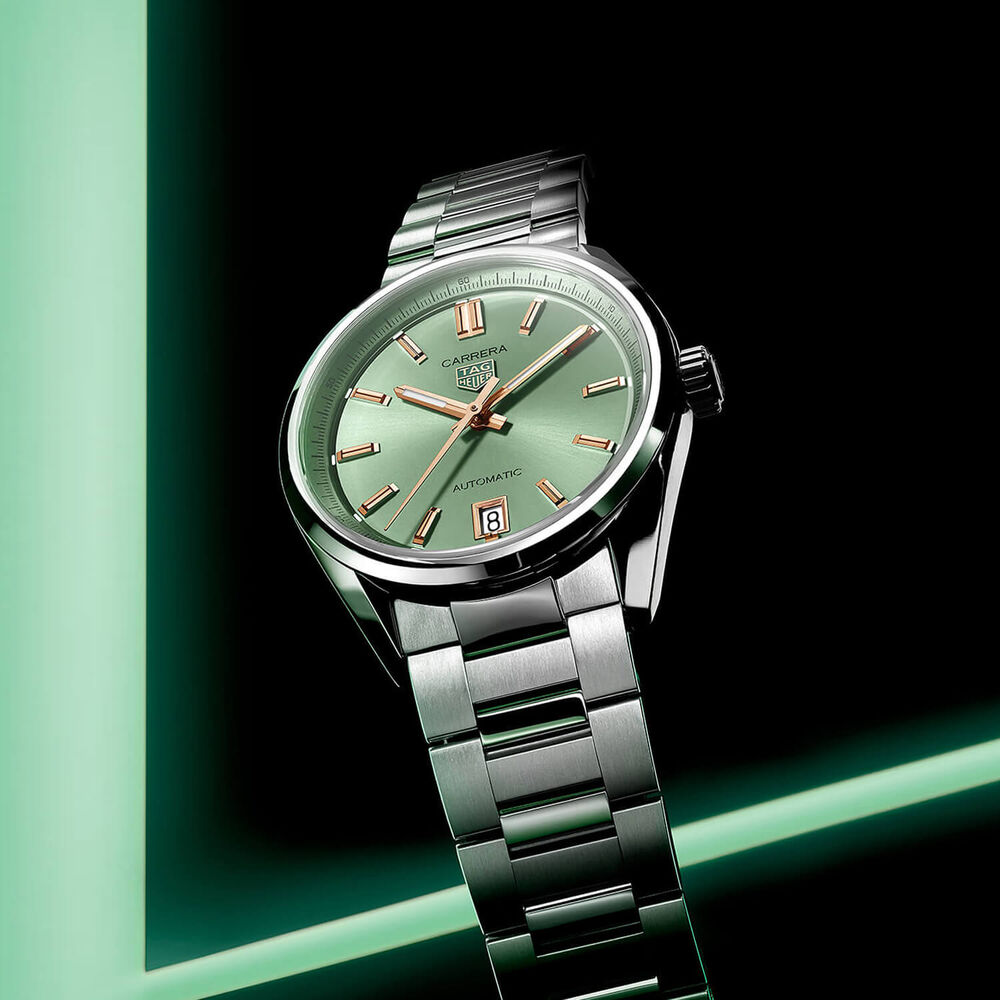 TAG Heuer Carrera Date 36mm Green Dial Rose Gold Index Stainless Steel Bracelet Watch image number 5